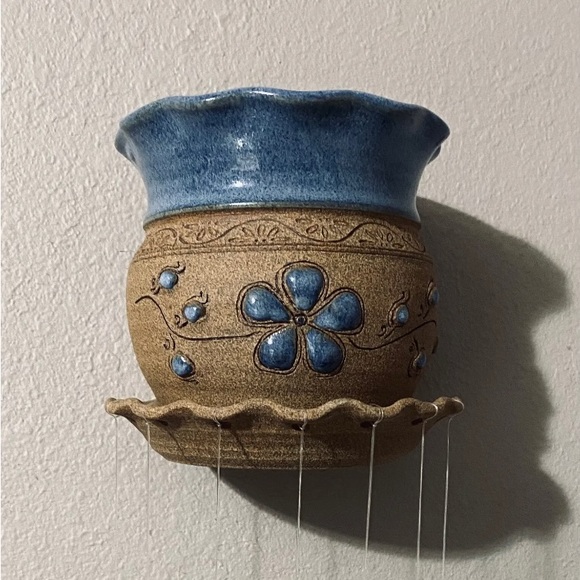 Terry Myhren Studio Art Pottery Wall Hanging Planter Wind Chime, Blue, Signed - Picture 3 of 10